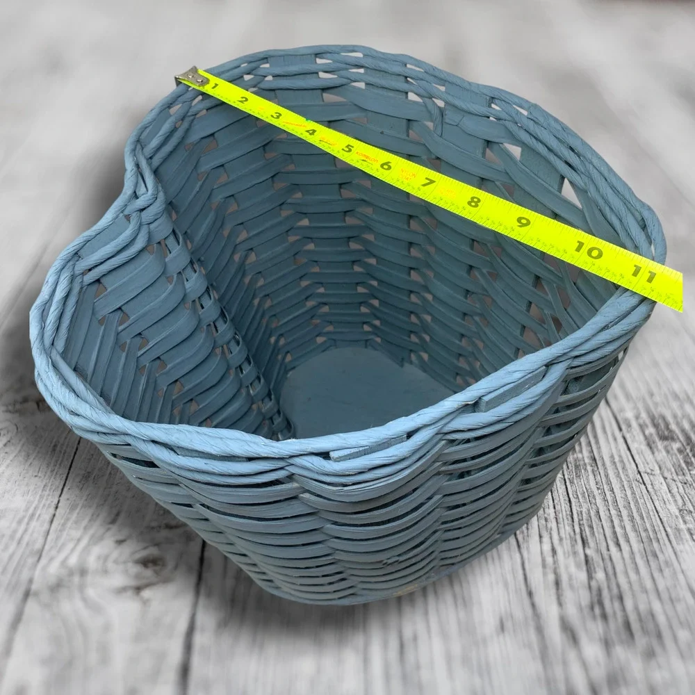 Vintage Heart Shaped Wicker Waste Basket Trash Bin Dusty Blue Cottage Farmhouse